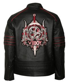 VII boy Men's Motorcycle Skull Black Leather Jacket