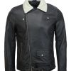 Mens Brando Motorcycle Fur Collar Black Leather Jacket