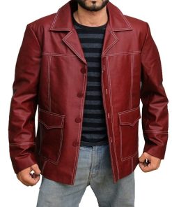 Brad Bitt Fight Club Tyler Durden Mayhem Maroon Leather Coat