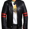 Motorcycle Riders Red Stripes Mens Black Leather Jacket