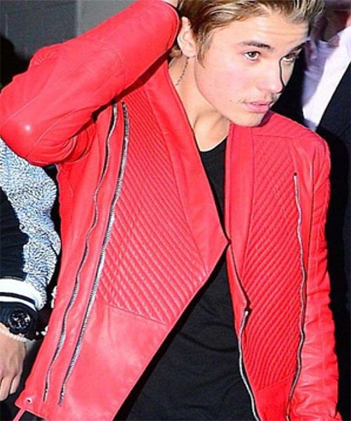 Justin Bieber Red Quilted Biker Leather Jacket