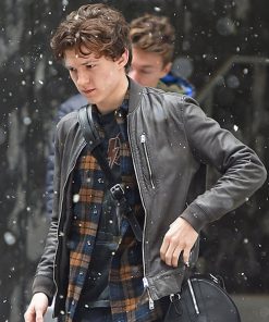 Tom Holland Brown Bomber Leather Jacket